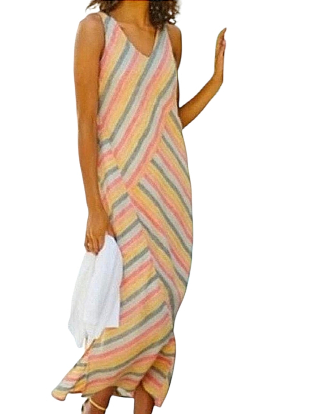 J Jill Love Linen Striped V Neck Maxi Dress Sz Large Petite Multicolor Lagenlook